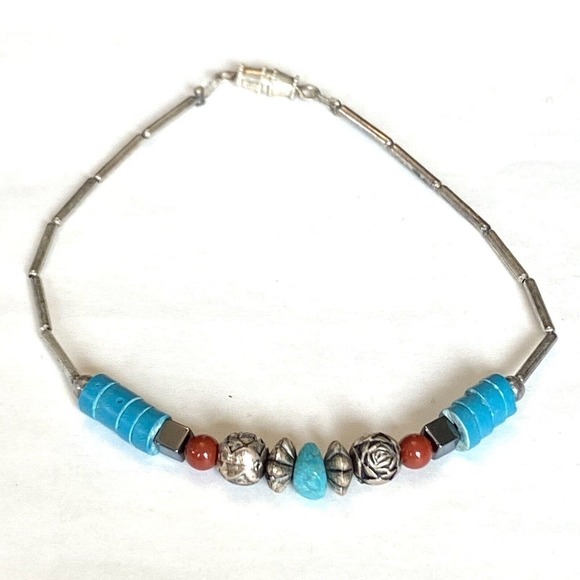 Artisan Jewelry - Vintage Turquoise Coral 925 Sterling Silver Beaded Bracelet